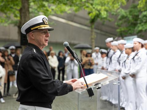 Adm. Daryl Caudle, commander, U.S. Fleet Forces Command, delivers remarks during a reenlistment and promotion ceremony at the 9/11 Memorial, May 23, during Fleet Week New York 2025. Credit: U.S. Navy photo by Mass Communication Specialist 2nd Class Kalvin Kes