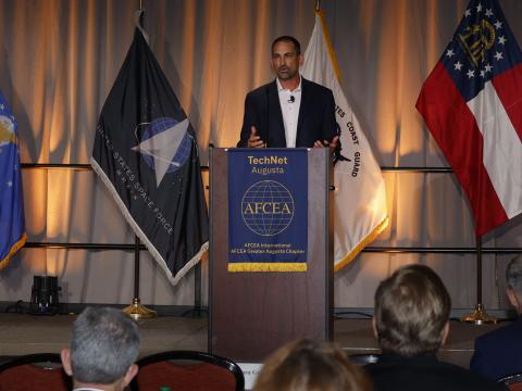Robert Braun, chief technology officer for the 18th Airborne Corps, speaks at TechNet Augusta 2025. Credit: Michael Carpenter Photography