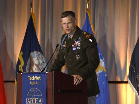 Maj. Tyler R. Johnson, USA, speaks at TechNet Augusta 2025 in Augusta, Georgia. Credit: Michael Carpenter Photography