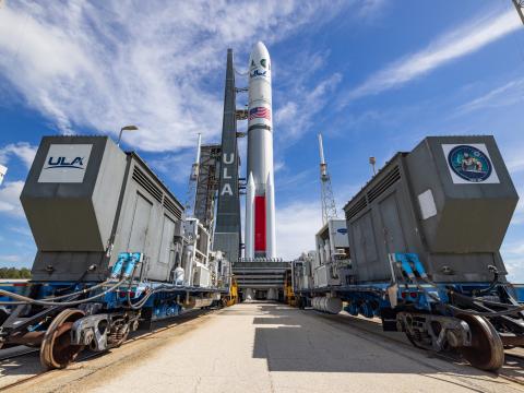 United Launch Alliance’s Vulcan Centaur rocket is moved to Launch Pad 41 at Kennedy Space Center in advance of its August 12, 2025, planned launch. Credit: Photo courtesy of ULA