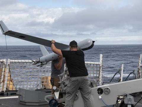 The ScanEagle UAS crew prepares to launch a drone in flight training exercises on NSC Hamilton in October 2022. Credit: U.S. Coast Guard photo by Petty Officer 3rd Class Alejandro Rivera