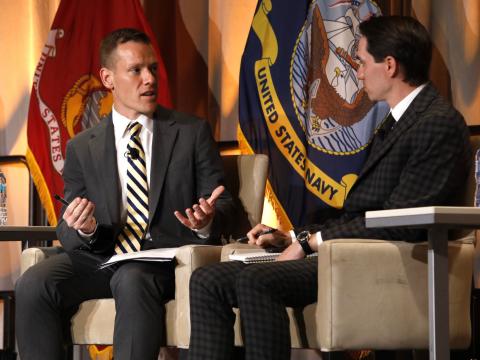 The U.S. Army's cyber adviser, Brandon Pugh, speaks on the integration of artificial intelligence into cyber operations at TechNet Augusta on August 20, 2025. Credit: Hillary Kay Studios