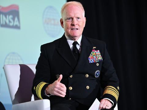 Vice Adm. Frank Whitworth, USN, director of the NGA, speaks at the 2025 Intelligence & National Security Summit. Credit: Herman Farrer Photography