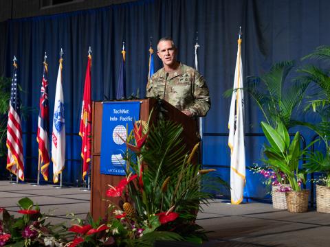 Lt. Gen. Joshua Rudd, USA, the U.S. Indo-Pacific deputy commander, speaks at AFCEA International’s TechNet Indo-Pacific conference on October 30 in Honolulu. Credit: Artistic Mindz Photography