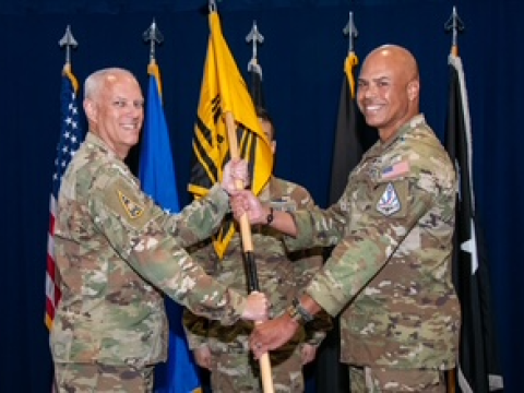 USSF Lt. Gen. Philip Garrant, SSC commander, presides over the assumption of command ceremony at which USSF Col. A.J. Ashby assumes command of SYD 88 at Los Angeles Air Force Base on September 12, 2025. SYD 88 supports the SSC’s Military Communications and Positioning, Navigation and Timing Program Executive Office. Credit: U.S. Space Force photo by Van Ha