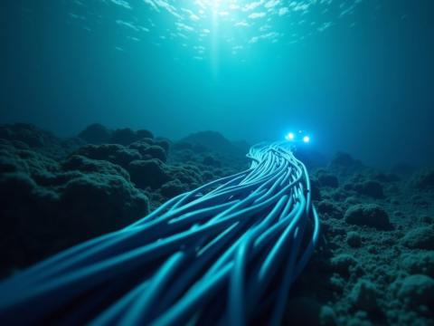 Autonomous underwater robot inspects a subsea fiber optic cable. Credit: OKA-stock.adobe.com generated by AI