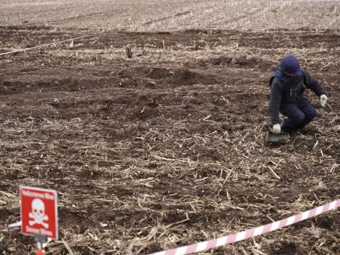 A warning sign in Ukrainian and English marks a land mine-contaminated area. Credit: neznamov1984-stock.adobe.com
