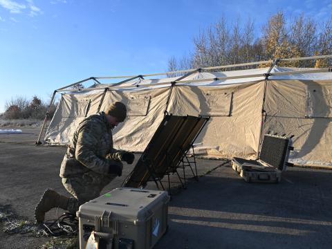 A U.S. airman prepares equipment during the Heavy Rain exercise, held in Europe in November. The event, which took careful planning, featured complex effects for contested environments. Credit: U.S. Air Force Captain Lou Burton