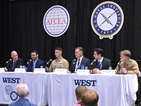 Panelists discuss applied AI for combat advantage during a session at WEST 2026. Credit: Karras Photography