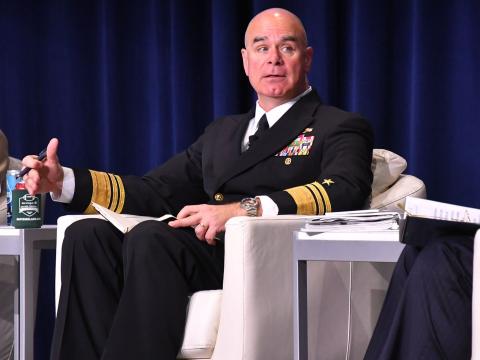 Vice Adm. Brendan McLane, USN, commander of the Naval Surface Forces and commander of the Naval Surface Force in the U.S. Pacific Fleet, speaks at WEST 2026 held in San Diego. Credit: Karras Photography