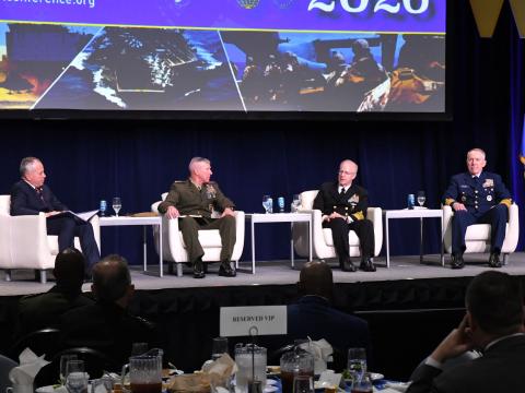 A panel of chiefs from the sea services discuss modernization efforts and challenges on February 11, 2026, at WEST in San Diego. Credit: Karras Photography
