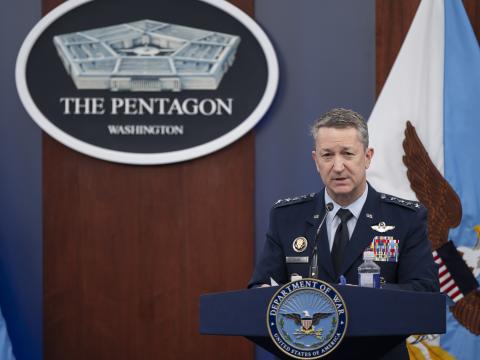 Chairman of the Joint Chiefs of Staff Gen. Dan Caine, USAF, speaks during a press briefing on Operation Epic Fury at the Pentagon on March 2, 2026. Credit: DoW photo by U.S. Air Force Staff Sgt. Madelyn Keech
