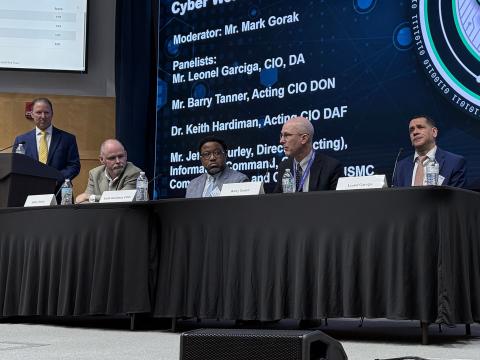 A panel of chief information officers discuss the plans for an enterprise-wide cyber talent management system at the Cyber Workforce Summit 2.0 on March 25, 2026. Credit: Col. Mike Black, USAF (Ret.)