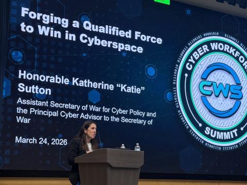 Katherine Sutton, assistant secretary of war for cyber policy and principal cyber adviser to the secretary of war, speaks at the Cyber Workforce Summit 2.0 held in Washington, D.C., on March 24, 2026.