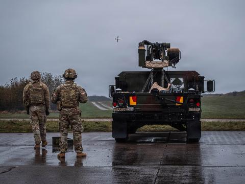 U.S. Army air defenders with 5th Battalion, 4th Air Defense Artillery Regiment, engage with a fixed-wing aerial drone target with a counter-unmanned aircraft system during Project Flytrap 4.5 in November 2025, at the Truppenübungsplatz Putlos, Germany. U.S. Army photo by Staff Sgt. Yesenia Cadavid