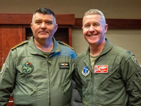 Lt. Gen. Leonard Baraboi (l) stands with Col. John D. Caldwell, commander of the 187th Fighter Wing, Alabama Air National Guard, April 9, 2026, at Dannelly Field, Alabama. In addition to the state partnership with Romania, the Joint Inter-Agency Task Force 401 (JIATF-401) just sign an agreement allowing Romania to access counter-drone technologies in support of the JIATF's mission, advancing counter-drone capabilities given the rising threats. Credit: U.S. Air Force photo by Capt. Michael Luangkhot