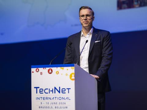 Cyberagentur agency's head of strategic partnerships and knowledge transfer, Julian Laufs, delivered a presentation at TechNet International 2026 in Brussels, Belgium. Credit: Matthieu Labey Photographer