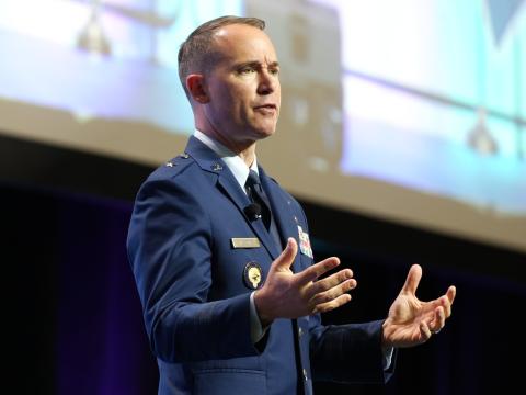Brig. Gen. Reid Novotny, chief artificial intelligence officer at the U.S. Cyber Command, and cyber force generation lead at the Department of War, speaks at TechNet Cyber 2026 in Baltimore. Credit: Pure Light Images