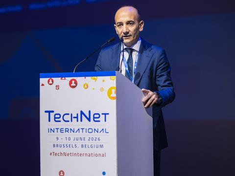 Capt. Raffaele Rotella, national technical expert at NATO Communications and Information Agency (NCIA), speaks at TechNet International 2026 in Brussels. Photo by Matthieu Labey Photographer