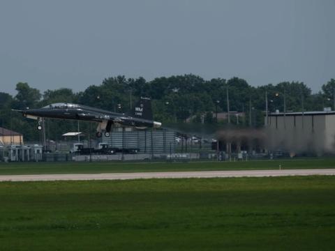 A T-38 Talon, assigned to the 509th Bomb Wing, takes off from Whiteman Air Force Base, Missouri, on July 20, 2021. As part of a pilot program, the base is examining laser weapon-based counter-drone technologies.  U.S. Air Force photo by Airman 1st Class Devan Halstead