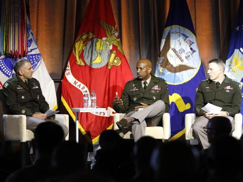 Lt. Gen. Jeth Rey, deputy chief of staff of the G-6, and Lt. Gen. Christopher Eubank, commanding general of the U.S. Army Cyber Command discuss agentic AI at TechNet Augusta on August 19,2026. Credit: Hillary Kay Studios