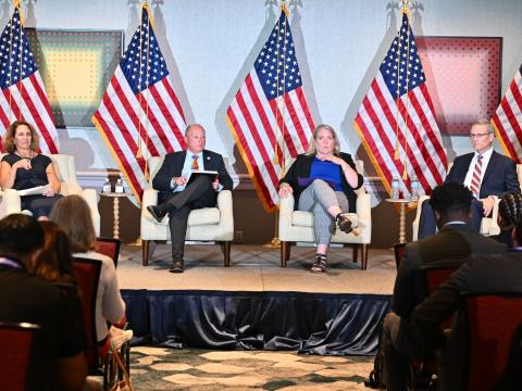 Panelists (l-r) Sue Kalweit, owner of Vector Insights Consulting LLC; Shannon Jenkins, senior Arctic policy advisor, Polar Coordination Office; Vice Adm. Peter Gautier, USCG, (Ret.), president of Gautier Consulting LLC; and Maj. Gen. Connie Jenkins, USAF (Ret.), former director of logistics and engineering at North American Aerospace and Defense Command and U.S. Northern Command, discuss at the 2026 Intelligence & National Security Summit in Bethesda, Maryland. Credit: Herman Farrer Photography 