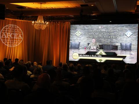 Maj. Gen. Patrick Ellis, USA, speaks via video feed to attendees at AFCEA International's TechNet Augusta on August 18. Credit: Hillary Kay Studios