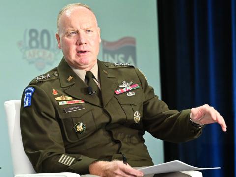 Lt. Gen. Brian Gibson, USA, vice director of Golden Dome for America, shares the push for more industry engagement in the Golden Dome missile defense system at the Intelligence & National Security Summit on August 26, 2026. Credit: Herman Farrer Photography