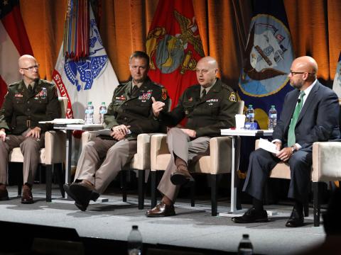 Panelists discuss next-generation integration, including command and control (C2), intelligence and fires in the counter-C2 fight, at TechNet Augusta, August 18, 2026. Credit: Hillary Kay Studios