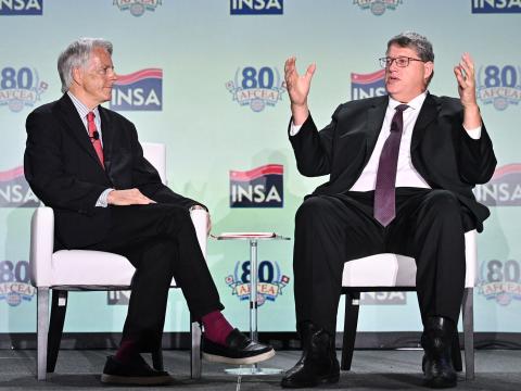 Lewis Shepherd (l), chief technology officer, Broadcom, Federal, and chair, AFCEA International's Intelligence Committee, listens to Greg Ryckman, special advisor to the director, Defense Intelligence Agency at the 2026 Intelligence Summit on August 26. Credit: Herman Farrar Photography