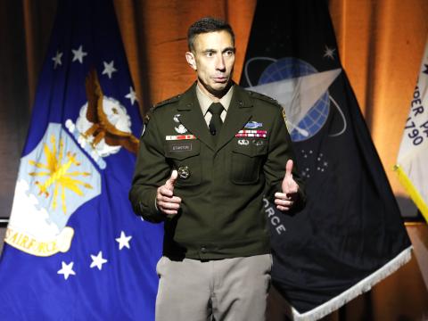 Lt. Gen. Paul Stanton, USA, director of Defense Information Systems Agency, delivers the closing keynote on the last day of TechNet Augusta 2026. Credit: Hillary Kay Studios