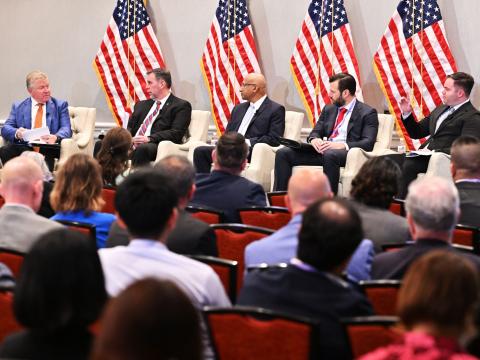 Panelists discuss unmanned warfare threats at the 2026 Intelligence & National Security Summit on August 27, 2026. Credit: Herman Farrer Photography