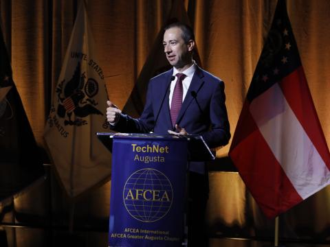 Joseph Welch, portfolio acquisition executive for C2 and Counter C2 and the executive director for Transformation and Training Command, delves into the newest updates with the U.S. Army's NGC2 ecosystem at TechNet Augusta on August 18, 2026. Credit: Hillary Kay Studios