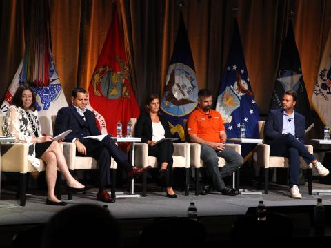 "Iterating at the Speed of Relevance: Insights From Our Industry Partners" panelists discuss military collaboration on stage at TechNet Augusta 2026 held in Augusta, Georgia, August 18, 2026. Credit: Hillary Kay Studios