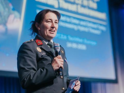 Col. Mietta Groeneveld, NLD A and director of the NATO Command and Control Center of Excellence (C2COE), speaks at TechNet Europe 2026 in Berlin. Credit: Robin Wulff