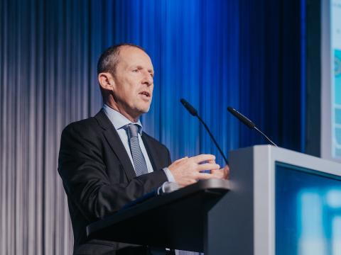 Marco Criscuolo, director for strategy and policy in the Cyber and Digital Transformation Division at NATO’s headquarters in Brussels, speaks at TechNet Europe 2026 in Berlin. Credit: Robin Wulff