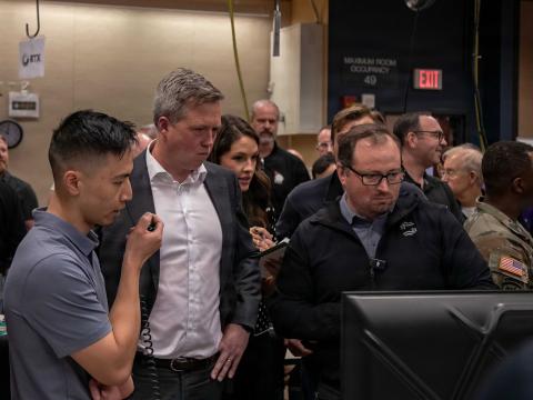 Former Secretary of the Army Dan Driscoll observes a demonstration from industry partners during Operation Jailbreak in May at Fort Carson, Colorado. Credit: Staff Sgt. Richard Stewart