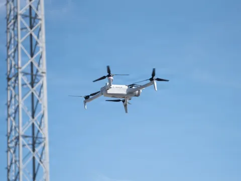 A DJI Mavic 3 drone flies in the air at Summit Point Training Facility, West Virginia, February 24, 2026, during a visit from members of Joint Interagency Task Force 401. The task force, one year since it was established to rapidly advance counter-drone solutions, awarded a $7 billion series of industry contracts on September 28. Credit: U.S. Air Force 2nd Lt. Maria Grace, 316th Wing