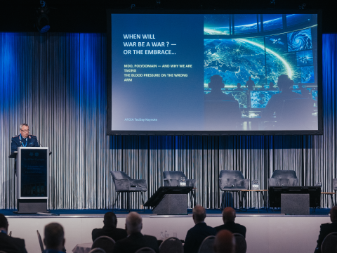 Col. Sönke Marahrens, German Cyber Force, branch head, German Center for Digitization of the Armed Forces, speaks at TechNet Europe in Berlin. Credit: Robin Wulff