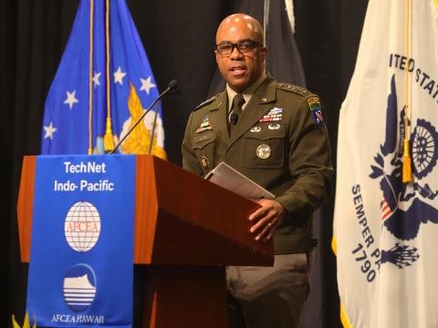 Gen. Ronald Clark, commanding general of U.S. Army Pacific (USARPAC), speaks during TechNet Indo-Pacific 2026 in Honolulu. Credit: Artistic Mindz Photography