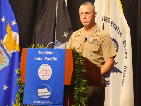 Lt. Gen. George B. Rowell IV, USMC, USPACOM deputy commander, delivers the closing keynote address at TechNet Indo-Pacific 2026 in Honolulu, Hawaii. Credit: Artistic Mindz Photography