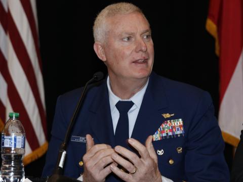 Rear Adm. Michael Ryan, USCG, former commander, Coast Guard Cyber Command, participates in a panel at CERTS 2022. Photo by Michael Carpenter