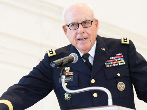 Lt. Gen. Lt. Gen. Otto J. Guenther, USA (Ret.) was a proud supporter and mentor of the Green Terror Battalion at McDaniel College, where he served on the Board of Trustees since 2006 and was named chair in 2019. Here he is addressing attendees at the Green Terror Battalion ROTC Commissioning Ceremony in 2017. Photo courtesy of McDaniel College