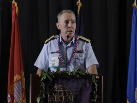 Rear Adm. Kevin Lunday, USCG, commander, 14th Coast Guard District, describes the service's expanding mission in the Indo-Pacific region. Credit: Bob Goodwin Photography