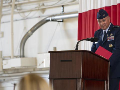 U.S. Space Force Col. Marc Brock, commander, Space Delta 2, speaks at Peterson Air Force Base, Colorado, in June 2021 during the ceremony in which he took command. The name changes of two of its legacy squadrons are meant to emphasize the importance of the delta’s expanded missions of space surveillance and awareness, he says. U.S. Space Force photo by Senior Airman Andrew Bertain
