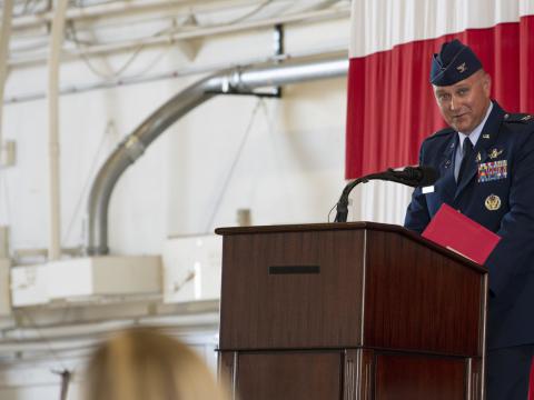 U.S. Space Force Col. Marc Brock, commander, Space Delta 2, speaks at Peterson Air Force Base, Colorado, in June 2021 during the ceremony in which he took command. The name changes of two of its legacy squadrons are meant to emphasize the importance of the delta’s expanded missions of space surveillance and awareness, he says.  U.S. Space Force photo by Senior Airman Andrew Bertain