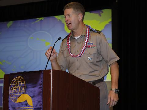 Maj. Gen. James B. Jarrard, USA, chief of staff of INDOPACOM, describes the command's requirements at TechNet Indo-Pacific. Credit: Tony Grillo photo