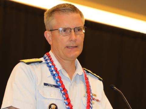 Rear Adm. Peter W. Gautier, USCG, deputy commander, U.S. Coast Guard Pacific Area, discusses the roles the Coast Guard has taken on in the Indo-Pacific region. Credit: Dave Livingston photo