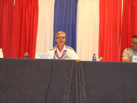 Panelists (l-r) Cmdr. Kathryn McCabe, RAN, vice director for C4, INDOPACOM; Rear Adm. Brett R. Sonter, RAN, deputy director, Maritime Operations-Australia, U.S. Pacific Fleet; and Brig. Gen. Alan Lister, RM, J-5 deputy director for policy, INDOPACOM, discuss coalition operations at TechNet Indo-Pacific. Credit: Dave Livingston photo