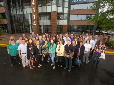 The AFCEA staff at the time of the June 2019 office move gathered outside the association’s new location at 4114 Legato Road, Fairfax, Virginia, to celebrate the first day in their modernized space. The relocation enabled the association to provide better experiencesfor its members, chapters and constituents as well as more efficiency through upgrades to its technology and data infrastructure.